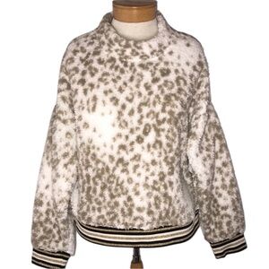NWT Nanette Lepore  Snow Leopard Metallic-Trim Pullover Sherpa Sweatshirt Large